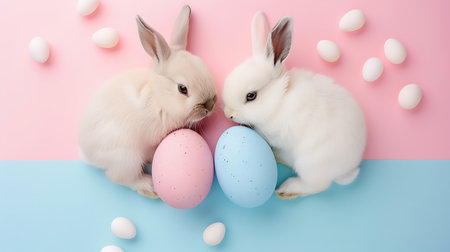 Cute Easter bunnies and eggs on pink and blue backgroundの素材