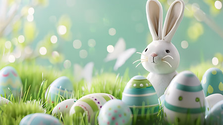 Easter bunny and easter eggs on green grass. 3d illustrationの素材