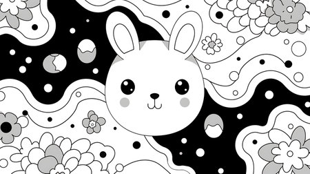 Cute rabbit with flowers on black and white background. Vector illustration.の素材