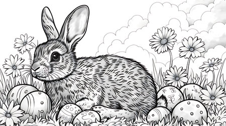 Cute Easter bunnies in the garden. Vector illustration.の素材