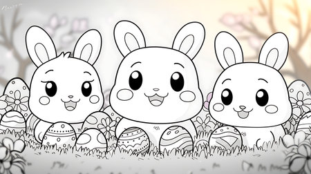 Cute Easter bunnies in the garden. Vector illustration.の素材