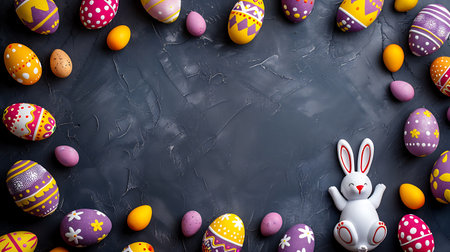 Easter eggs and bunny on dark background. Top view with copy spaceの素材