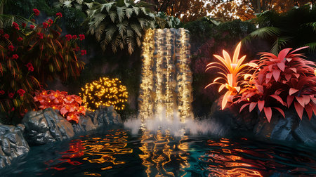 Waterfall in the jungle. Fantasy forest landscape. Digital painting.の素材