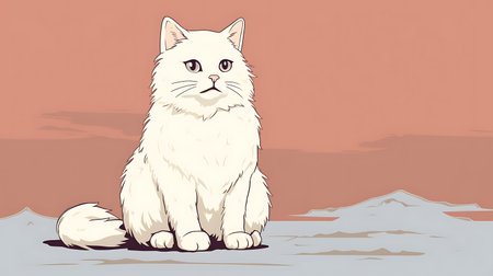 Illustration of a white cat sitting on the ground in the desertの素材