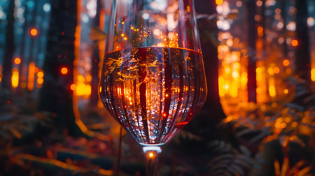 Glass of red wine in the forest at sunset. Selective focus.の素材