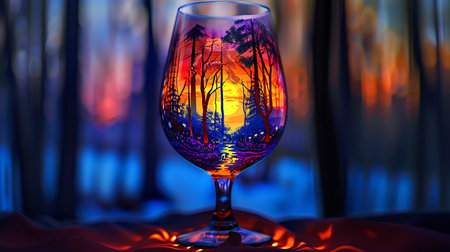 Wine glass on a background of the night forest and the moonの素材