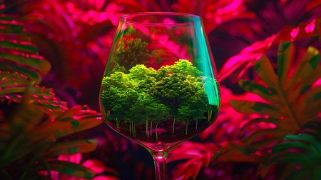 Glass of red wine with green trees and plants on dark background.の素材