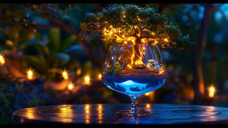 Christmas tree in a glass vase with bokeh lights.の素材