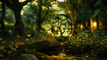 Glass of wine in the garden at night with beautiful bokehの素材