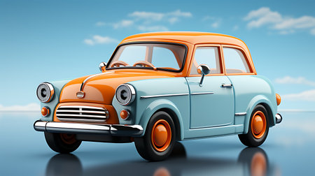 Retro car with eyes on blue sky background. 3d renderの素材