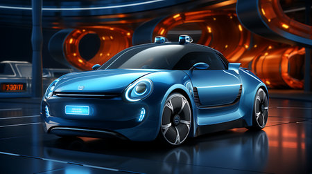 3D rendering of a blue sports car in a futuristic space.の素材