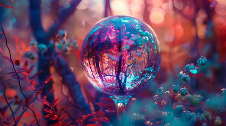 Crystal ball in the forest with grass and flowers in the background.の素材