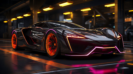 3D rendering of a brand-less generic concept car in a garageの素材