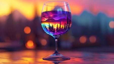 Wineglass with a view of the mountains and the city at sunsetの素材