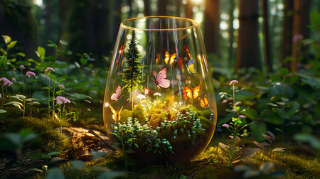 Glass vase with flowers and butterflies in the forest. 3d rendering.の素材