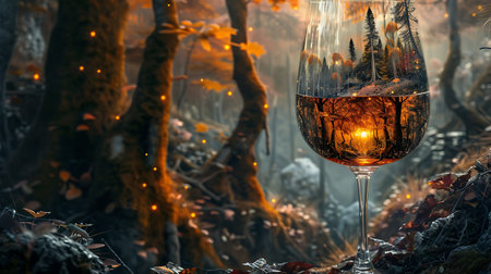 Glass of red wine in the misty forest. Halloween concept.の素材