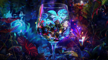 Colorful glass of wine with christmas decoration on blue background.の素材