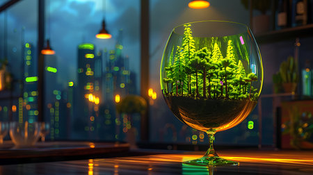 A glass with a miniature of a forest and a city in the backgroundの素材