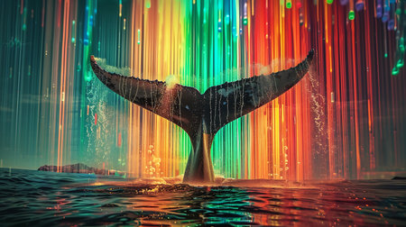 Whale tail in the sea with colorful lights. 3d renderingの素材