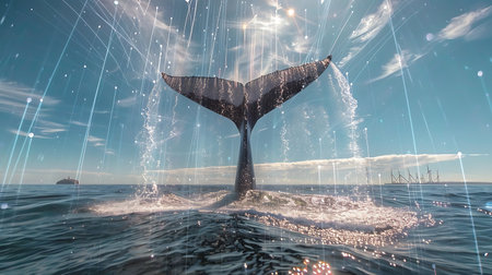 Whale tail in ocean. 3D rendering double exposure background.の素材