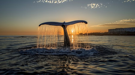 Humpback whale tail in the water at sunset on the Baltic Seaの素材