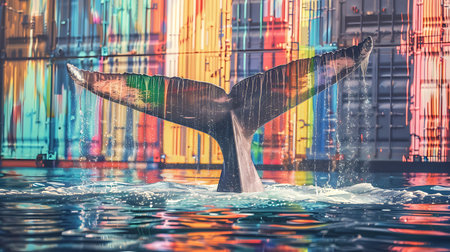 Humpback whale tail splashing water in swimming pool with colorful backgroundの素材