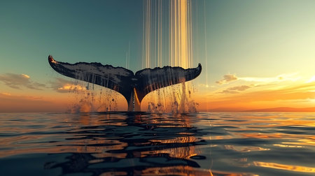 Whale tail in the ocean at sunset. 3d render illustrationの素材