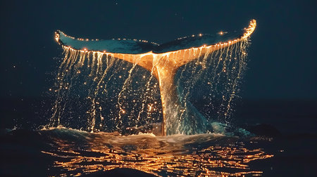 Humpback whale tail splashing water in the ocean at nightの素材