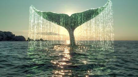 Whale tail with binary code in ocean. 3D rendering.の素材