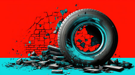 Tire with cracked wall on red and blue background. 3d illustrationの素材