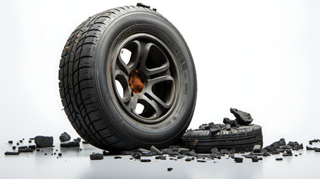 Car wheel with broken tires and ash isolated on a white background.の素材
