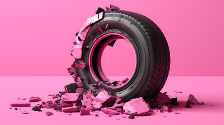 3d rendering of a tire breaking through a wall with a pink backgroundの素材