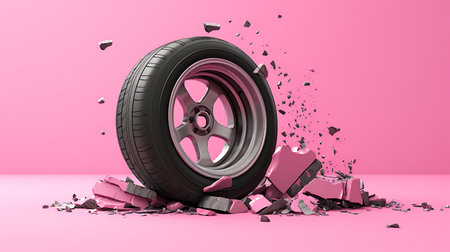 Broken car wheel on pink background. 3d render illustration.の素材
