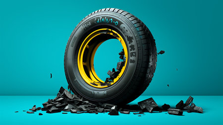 Tire breaking through the wall 3d render on blue background with shadowの素材