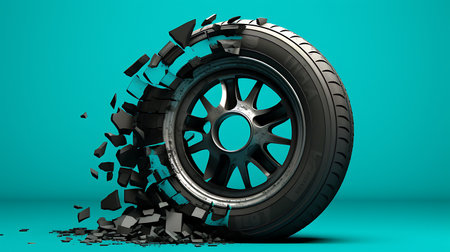 Broken car tire on blue background. 3d render illustration.の素材