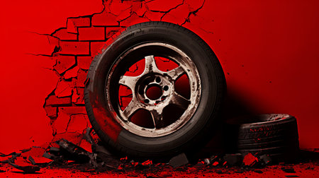 Broken car wheel on a red wall background. 3d illustrationの素材