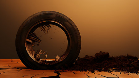 Broken car wheel in the desert. 3d render illustration.の素材