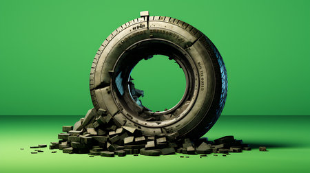 3d rendering of an old tire on a green background with some partsの素材