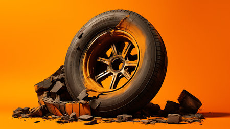 Broken car wheel on orange background. 3d illustration. Side view.の素材