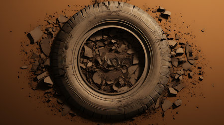 3d rendering of a car tire on a brown background with cracked paintの素材