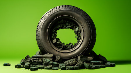 3d rendering of a car tire with pieces of coal on green backgroundの素材