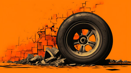 car wheel on the background of the cracked wall. 3d illustrationの素材