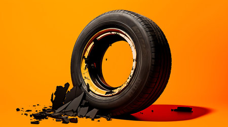 Car tire with a hole on orange background. 3D illustration.の素材