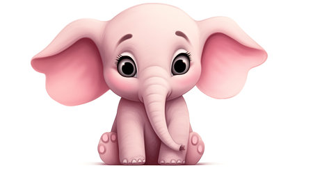 Cute baby elephant with big eyes sitting on white background. 3D rendering.の素材