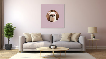 Interior of the living room with a white sofa and a picture on the wallの素材