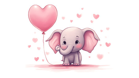 Cute elephant with heart shaped balloon on white background. Vector illustration.の素材