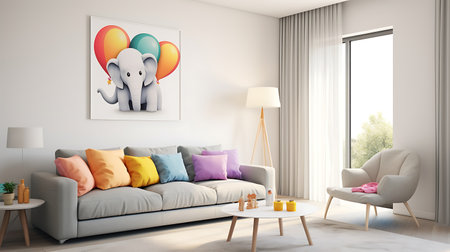 Modern living room interior design with sofa, coffee table, armchair and painting. 3D Renderingの素材