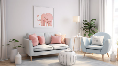 Interior of modern living room with sofa and armchair, 3d renderの素材