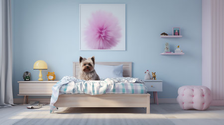 Cute little dog sitting on the bed in children room. 3d renderingの素材