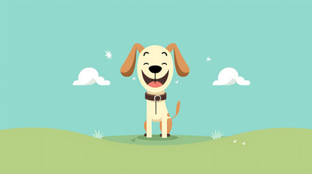 Illustration of a cute dog standing on a meadow with cloudsの素材